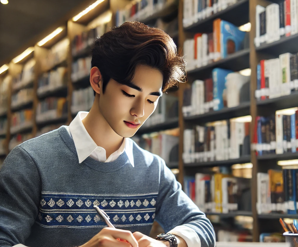 도서관에서 공부하는 유학생