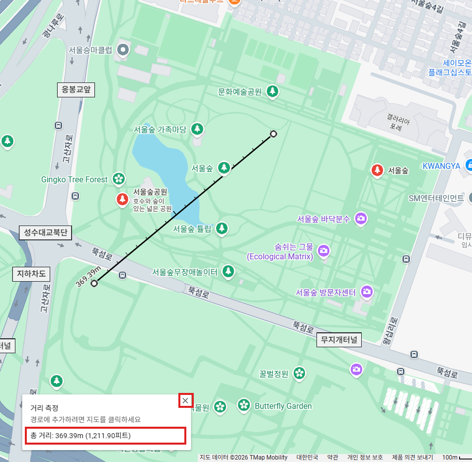 Google 지도의 두 지점 측정 선과 총 거리 369.39m, 닫기 버튼을 표시한 실제 화면