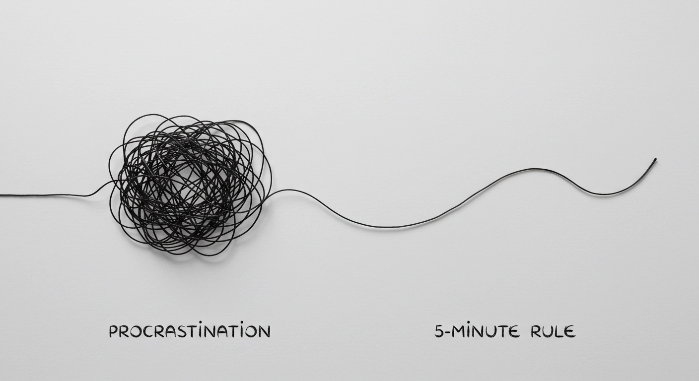 미루는 습관과 5분 규칙의 차이를 보여주는 상징적 이미지. 복잡하게 얽힌 실타래(Procrastination)가 하나의 매끄러운 선(5-Minute Rule)으로 변하는 모습.