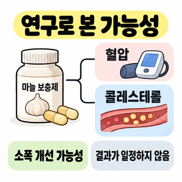 마늘 보충제를 혈압계와 콜레스테롤을 나타내는 혈관 그림에 연결하고 소폭 개선 가능성과 결과가 일정하지 않음을 함께 표시한 이미지