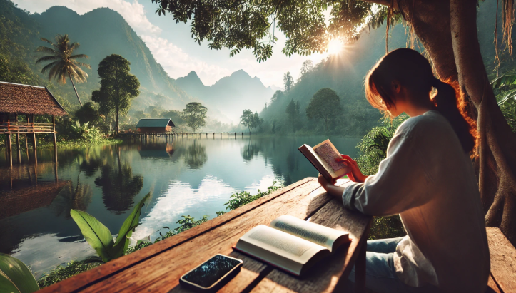 자연속에서 스마트폰 없이 책을 읽는 여성