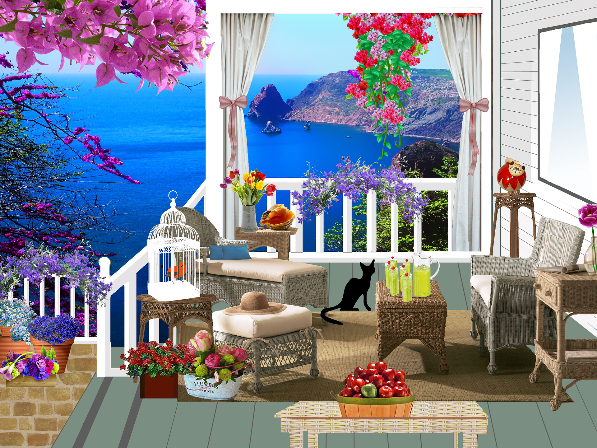 테이블과 의자 꽃등으로 장식된 베란다의 이국적 그림. 앞에는 바다가 펼쳐져 있다