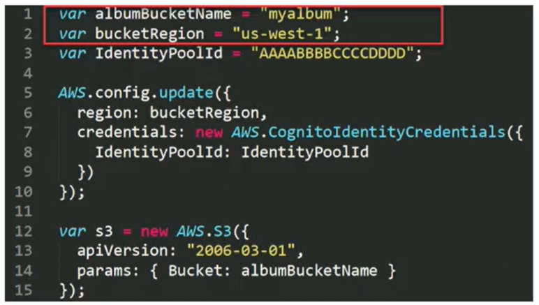 Javascript에 포함된 S3 버킷 명, 리전 정보(예시)