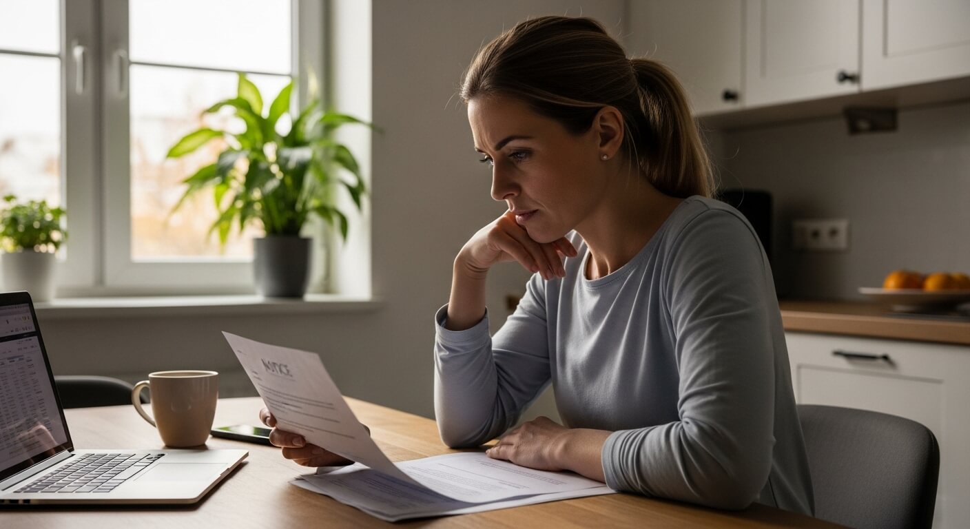 여성이 주방 식탁에서 세금 고지서를 검토하는 장면