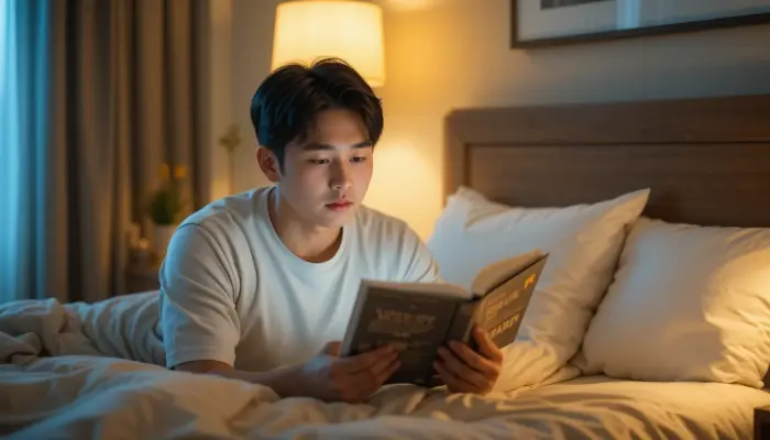 자기 전 책을 읽는 한국인 남성