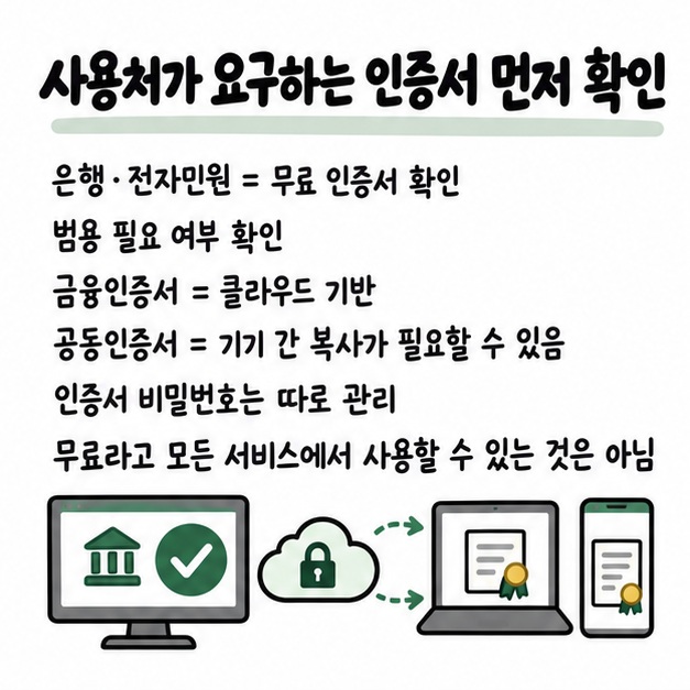 사용처가 요구하는 인증서 종류와 범용 필요 여부, 인증서 복사, 비밀번호 보안을 발급 전에 확인하는 체크리스트 카드