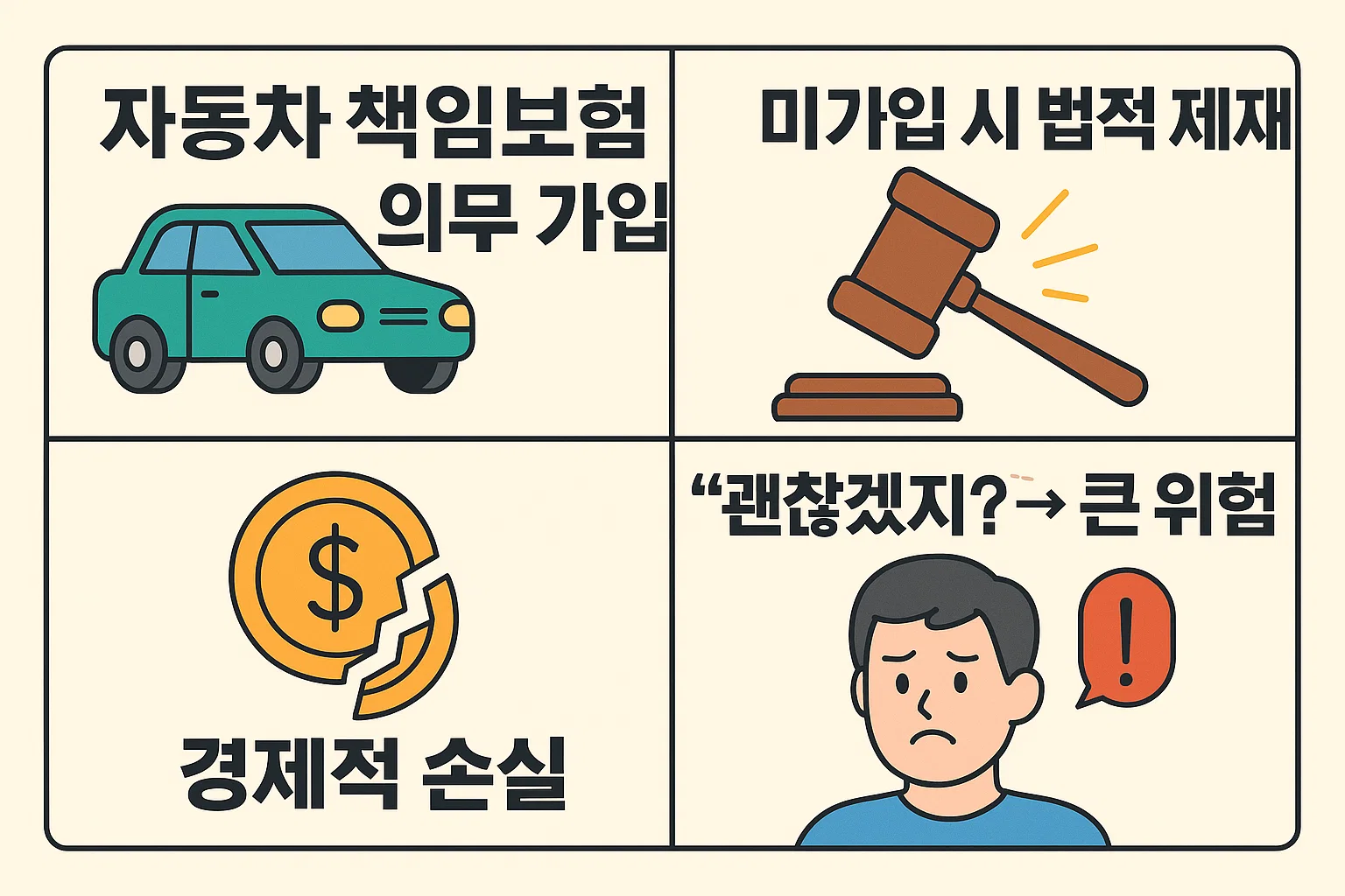 자동차 책임보험 의무가입 제도와 미가입 시 법적 제재, 경제적 손실, 운전자에게 닥칠 수 있는 큰 위험성을 설명하는 인포그래픽