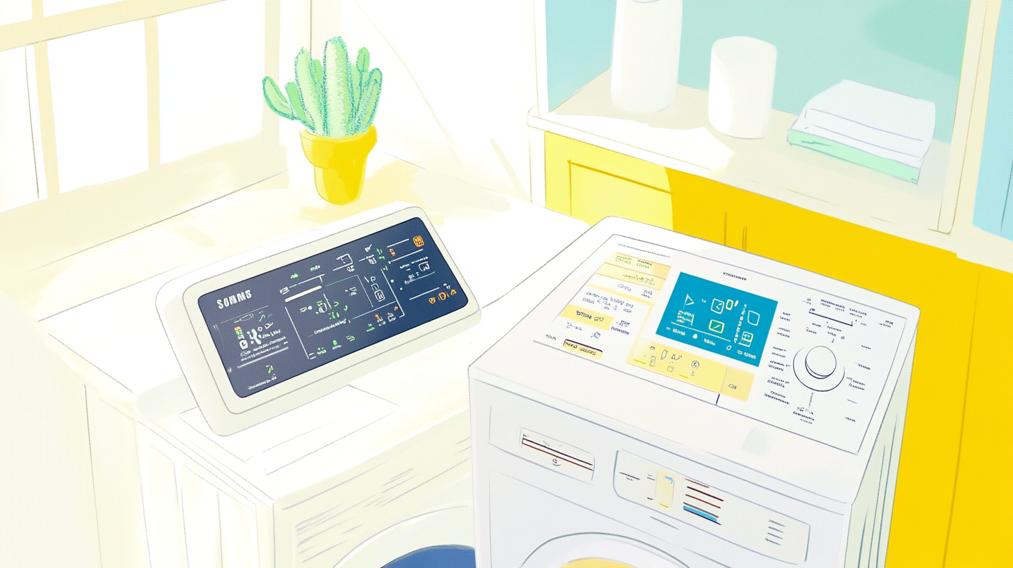 복잡한 제어 패널의 경쟁사 세탁기와 삼성의 직관적인 인터페이스를 나란히 비교한 장면