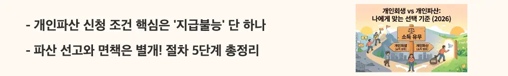 "개인파산 신청 조건 핵심은 '지급불능' 단 하나 / 파산 선고와 면책은 별개! 절차 5단계 총정리"라는 문구가 포함된 웹배너 이미지. 이 이미지는 개인파산의 핵심 요건인 지급불능 상태와 파산 선고부터 면책 확정까지의 5단계 절차 흐름을 시각적으로 전달하며, 블로그의 개인파산 신청 조건 및 면책 절차와 관련된 내용을 설명함.