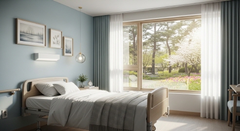 요양원 침실 내부&amp;#44; 깔끔한 침대와 창문&amp;#44; 햇살 비침