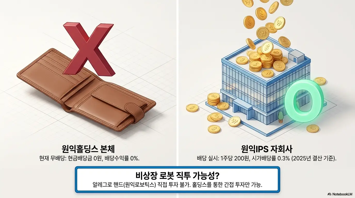원익홀딩스 주가 전망: 원익홀딩스 배당 현황을 지갑과 동전으로 비교한 이미지. 원익홀딩스 본체는 현금배당금 0원의 무배당이지만 자회사 원익IPS는 1주당 200원 배당을 실시한다는 차이와, 알레그로 핸드를 만드는 비상장 원익로보틱스는 직접 투자가 불가능해 홀딩스를 통한 간접 투자만 가능하다는 점을 설명함.