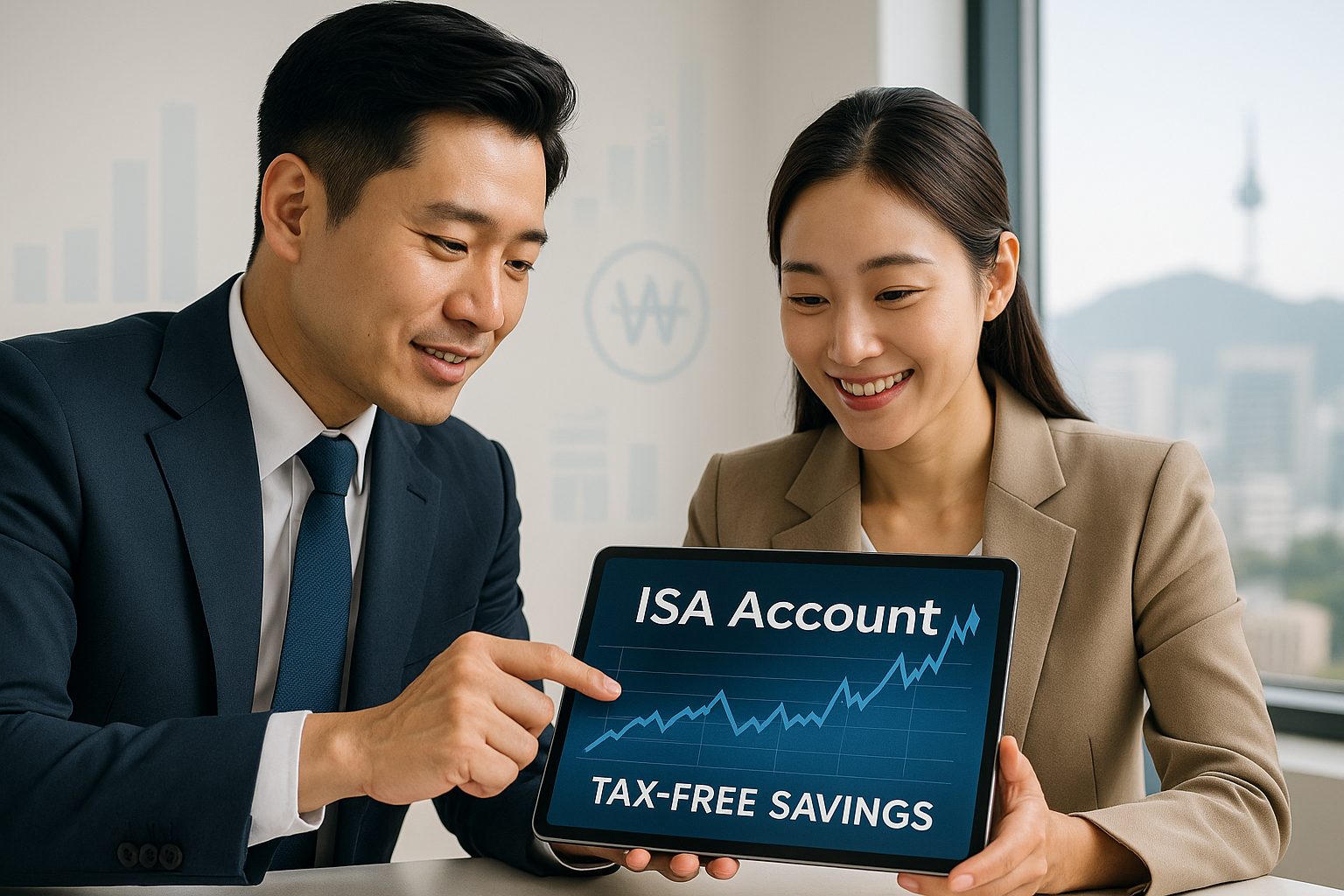 ISA 계좌를 통해 절세와 자산 형성을 설명하는 한국인 투자자 남녀