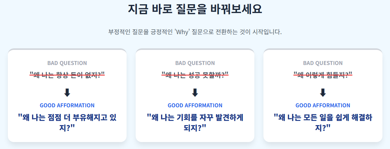 부정적인 질문을 긍정적인 'Why' 질문으로 전환하는 것이 시작임을 나타내는 이미지