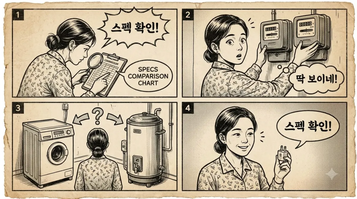 온수매트와 카본매트의 기술 스펙과 소비 전력을 서사적으로 대조하는 만화
