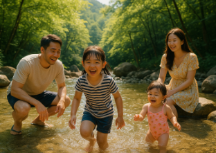 남양주 계곡에서 어린이들과 물놀이 하고 있는 가족 모습