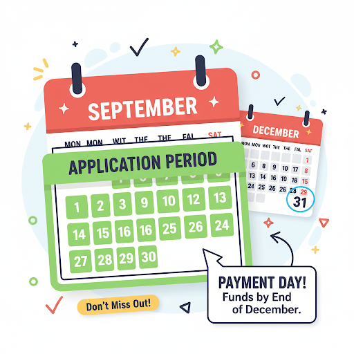 9월 1일부터 15일까지의 신청 기간과 12월 말 지급일을 강조하는 달력 일러스트