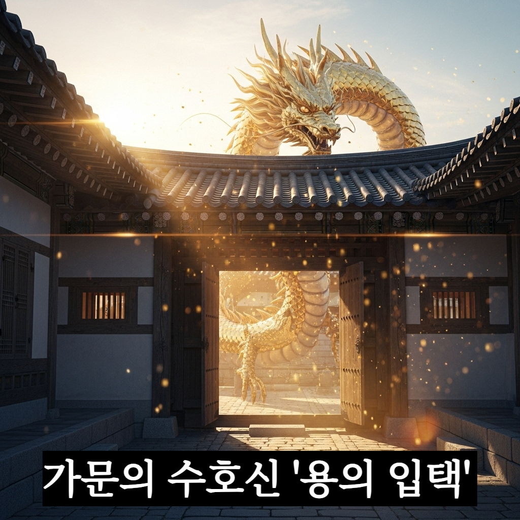 따사로운 새벽 햇살이 비치는 한옥 대문을 통해 눈부신 금빛 비늘을 가진 거대한 용이 마당으로 들어오며 장엄한 기운을 퍼뜨리는 신비로운 일러스트
