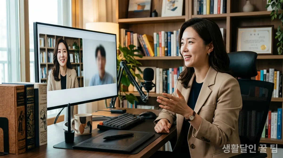 전문성을 활용한 고수익 부업 모델을 보여주는 온라인 컨설팅 장면