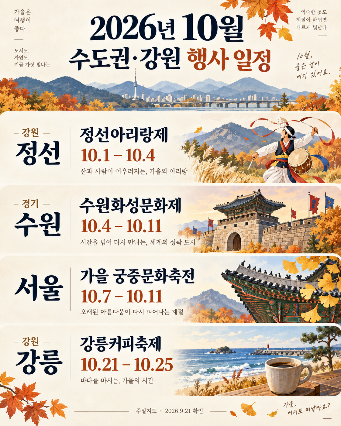 2026년 10월 수도권·강원: 궁궐과 커피, 전통 공연 일정 인포그래픽