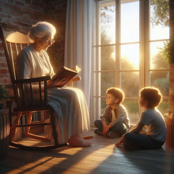 손자들에게 책을 읽어주고 있는 할머니