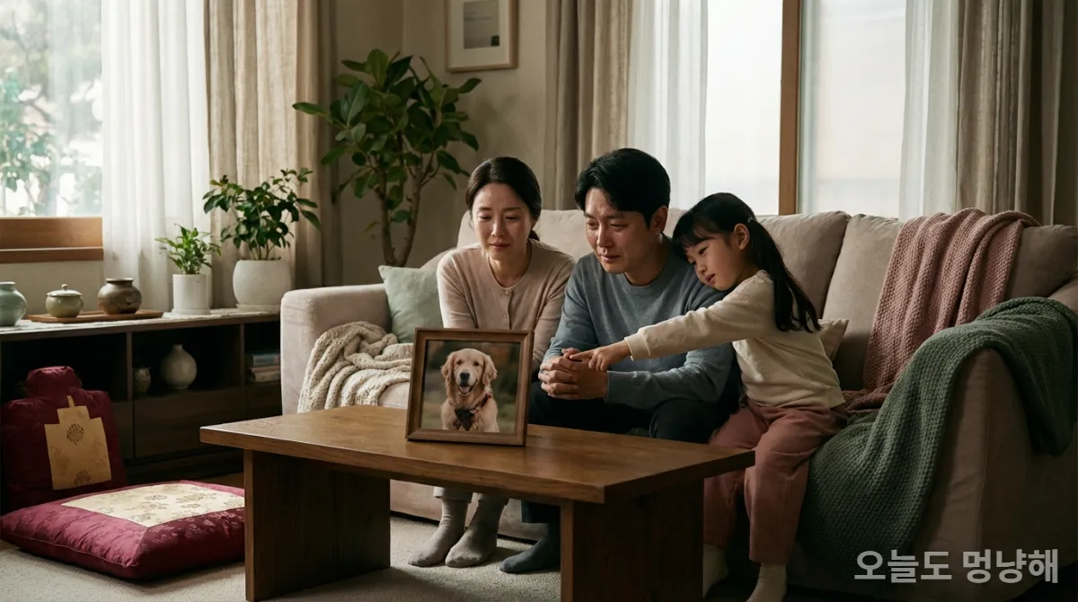 반려동물 사진을 보며 슬퍼하는 한국 가족의 모습