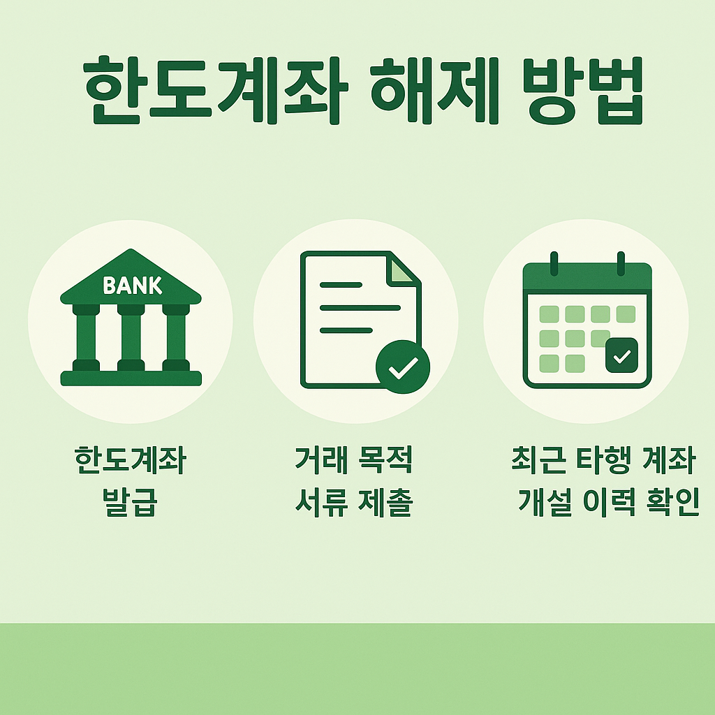 카카오뱅크 한도계좌 해제 방법을 거래 목적 서류 제출, 타행 계좌 개설 이력 확인 등 핵심 단계로 요약한 시각 자료
