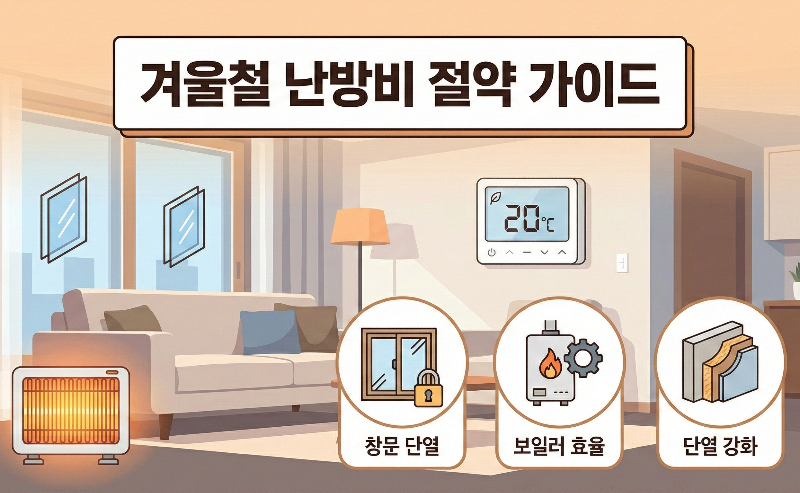 겨울철 난방비 절약 가이드를 안내하는 거실 단열과 보일러 효율 이미지