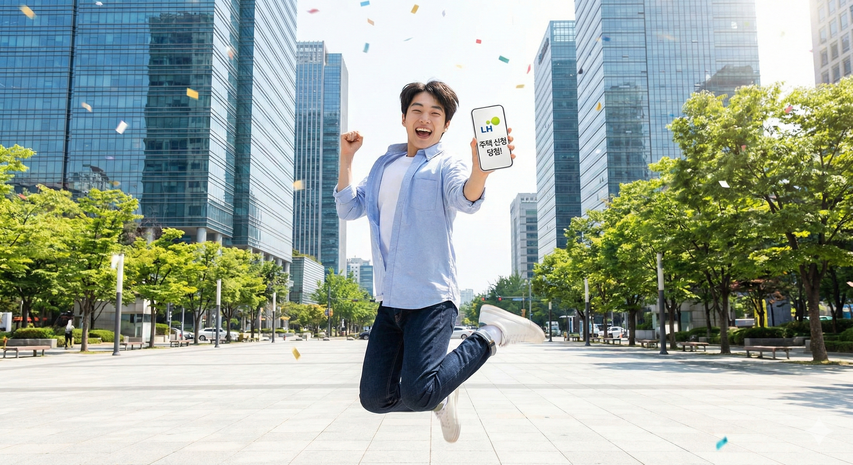 스마트폰으로 LH 당첨 문자를 확인하고 환호하는 청년의 모습