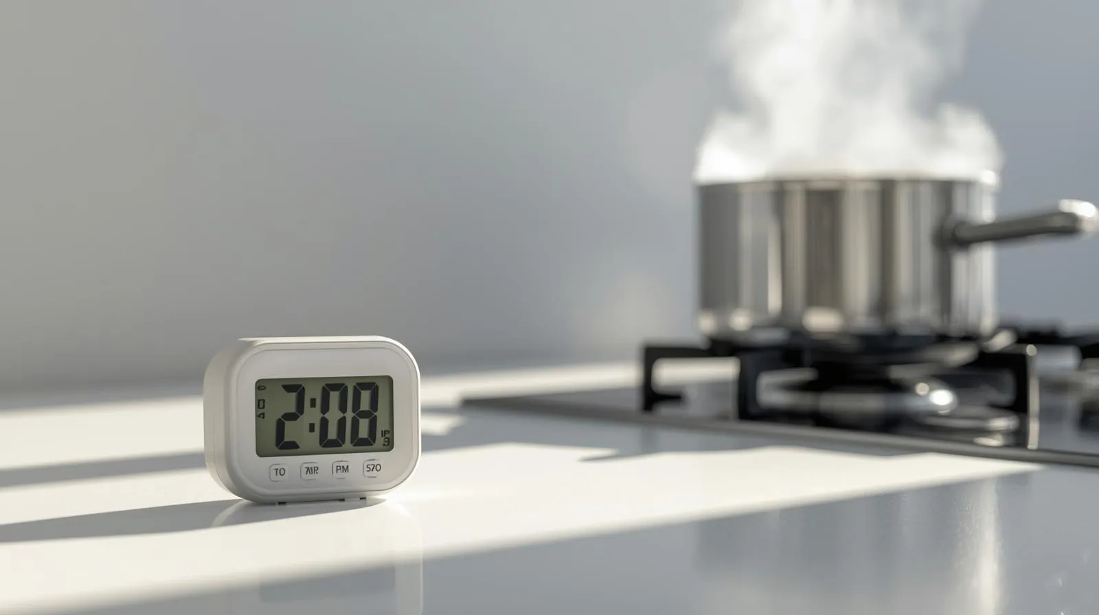 요리 중인 냄비와 안전을 위해 시간을 체크하는 디지털 주방 타이머