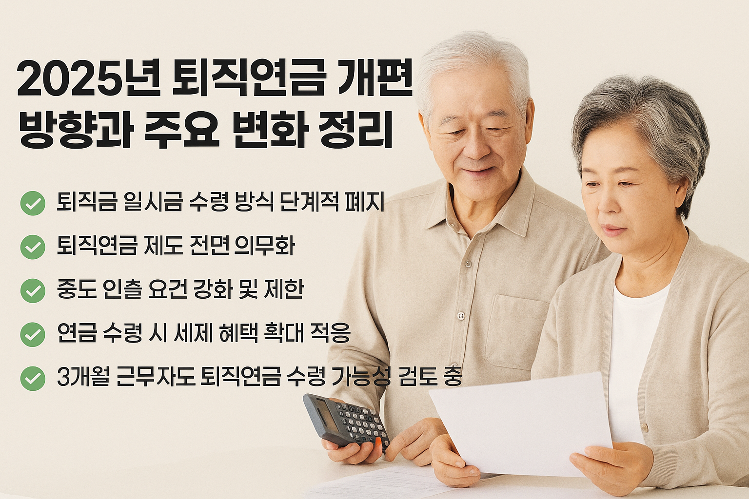 2025년 퇴직연금 제도 개편 주요 변화 안내 &ndash; 퇴직금 일시금 폐지, 연금 의무화, 세제 혜택 확대를 정리한 인포그래픽. 연금을 검토 중인 노년 부부가 서류를 살펴보는 모습이 함께 담김.