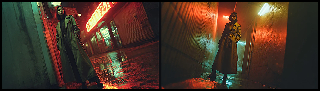 네온 조명과 젖은 바닥 반사가 있는 도시 골목에서, 더치 앵글로 촬영된 여성 모델의 긴장감 있는 시네마틱 컷 생성 예시_Midjourney