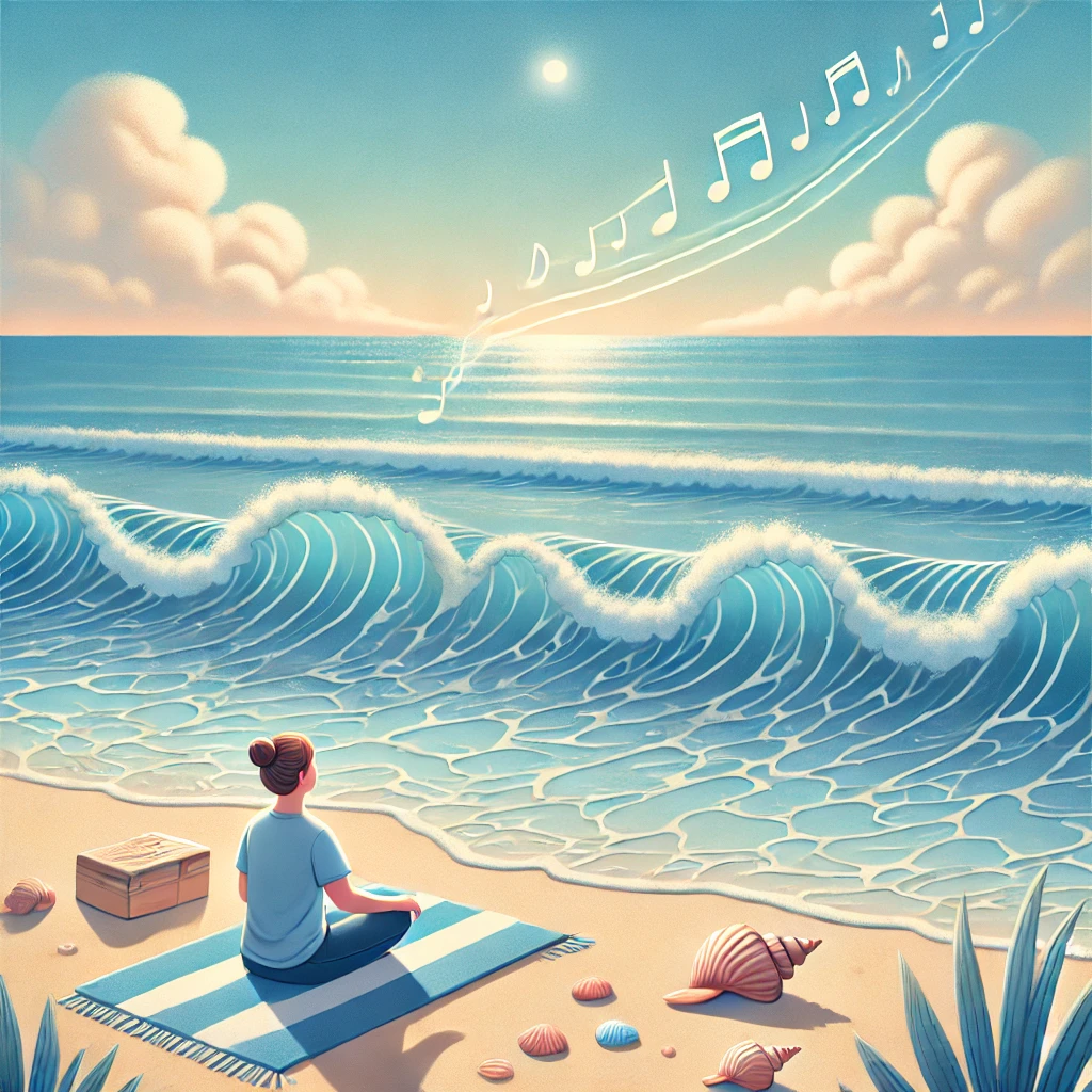 바닷가에서 바닷소리 들으면서 명상 하는 사진