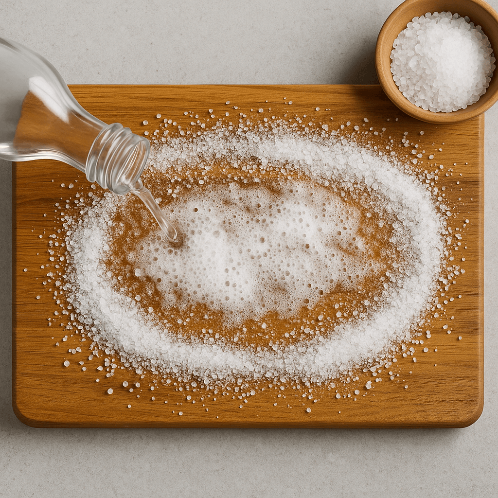 도마에 소금과 식초로 세척하는 장면