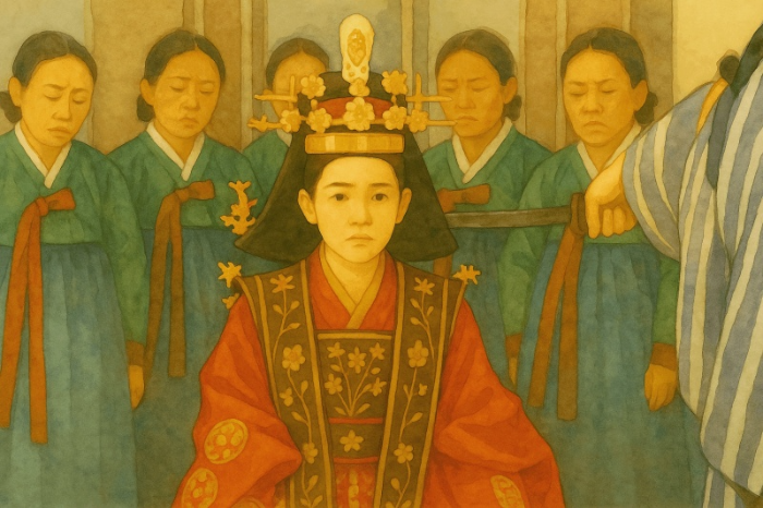붉은 옷을 입은 명성황후가 궁녀들에게 둘러싸여 꿋꿋한 표정으로 앉아 있습니다. 오른쪽에서는 일본 낭인의 손이 그녀를 위협적으로 향하고 있고, 뒤에 선 궁녀들은 슬픈 표정으로 울고 있습니다.
