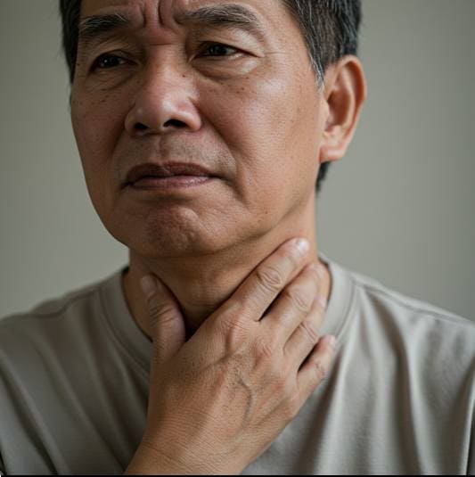 후비루 증후군 원인 위산 역류, 인후두염이 있는 중년 남성 사진