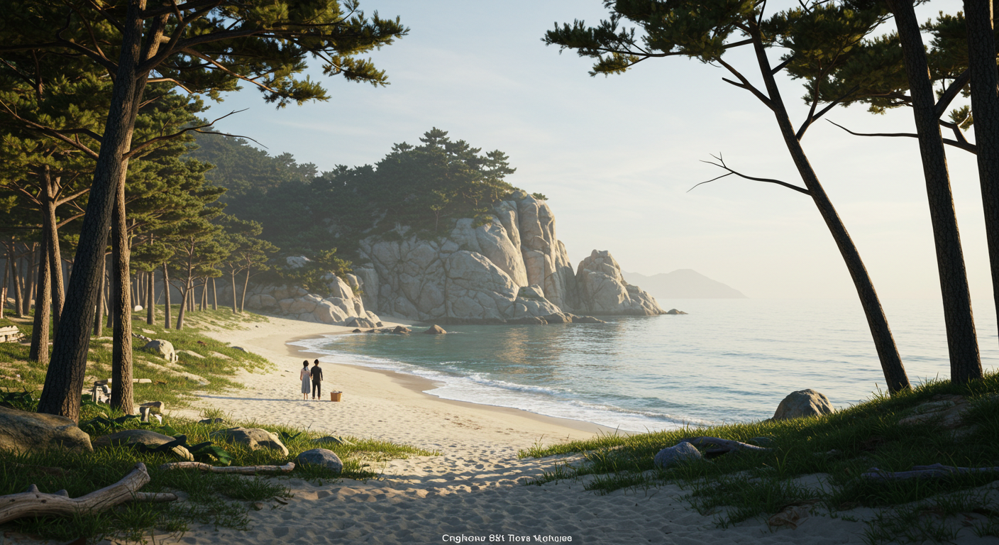 동해 추암 해변 뒤편의 숨겨진 백사장에서 한국인 연인이 산책하는 모습