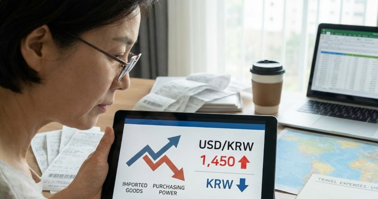 태블릿으로 원화 약세 그래프를 보는 여성. 수입품 가격 상승과 여행 비용 증가를 보여주는 배경