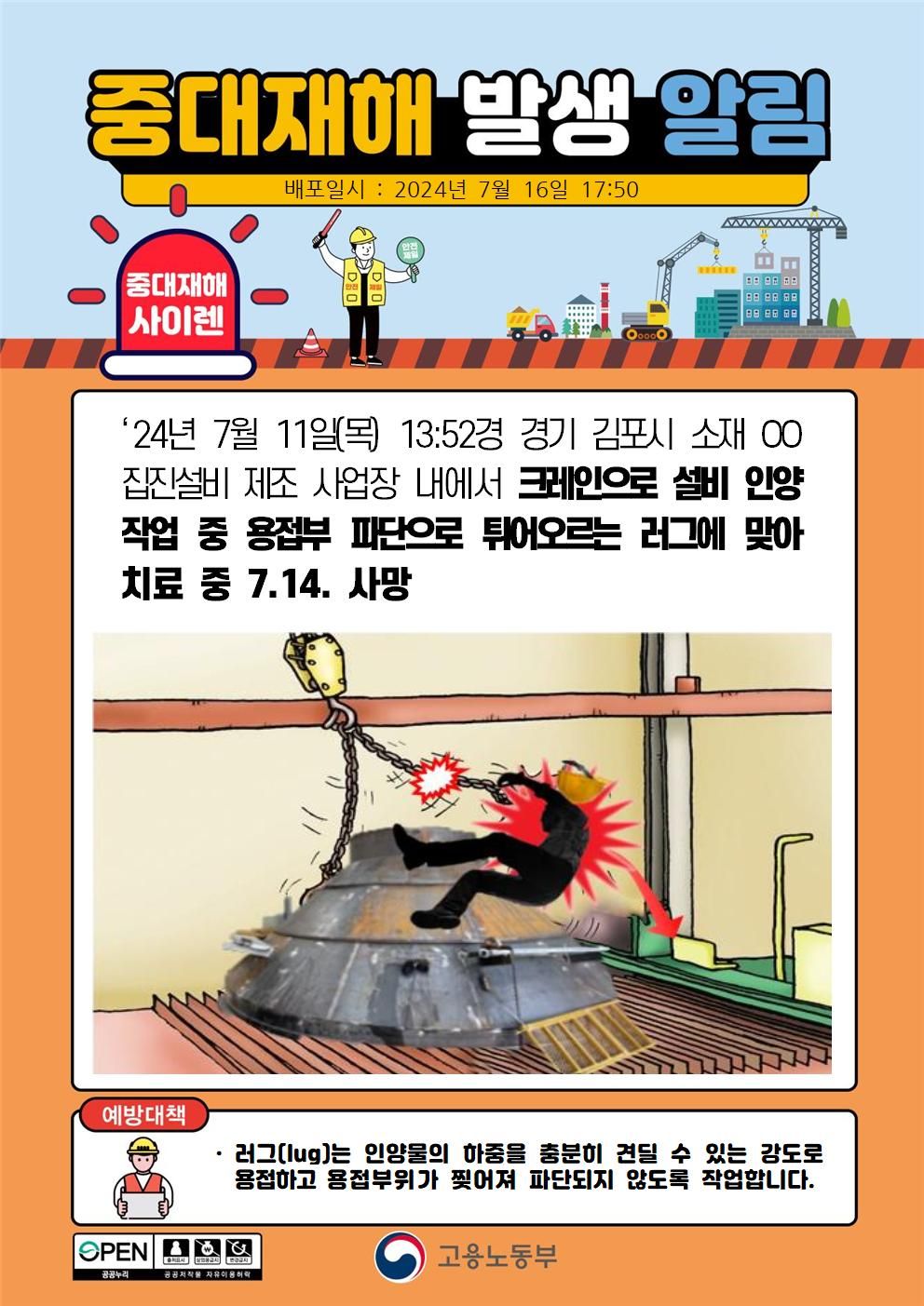 설비 인양작업중 용접부 파단으로 튀어오르는 러그에 맞음