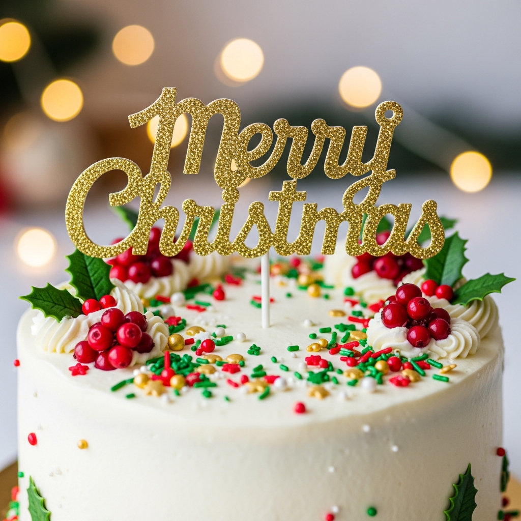 'Merry Christmas' 토퍼와 식용 스프링클, 베리로 화려하게 꾸며진 크리스마스 케이크 사진