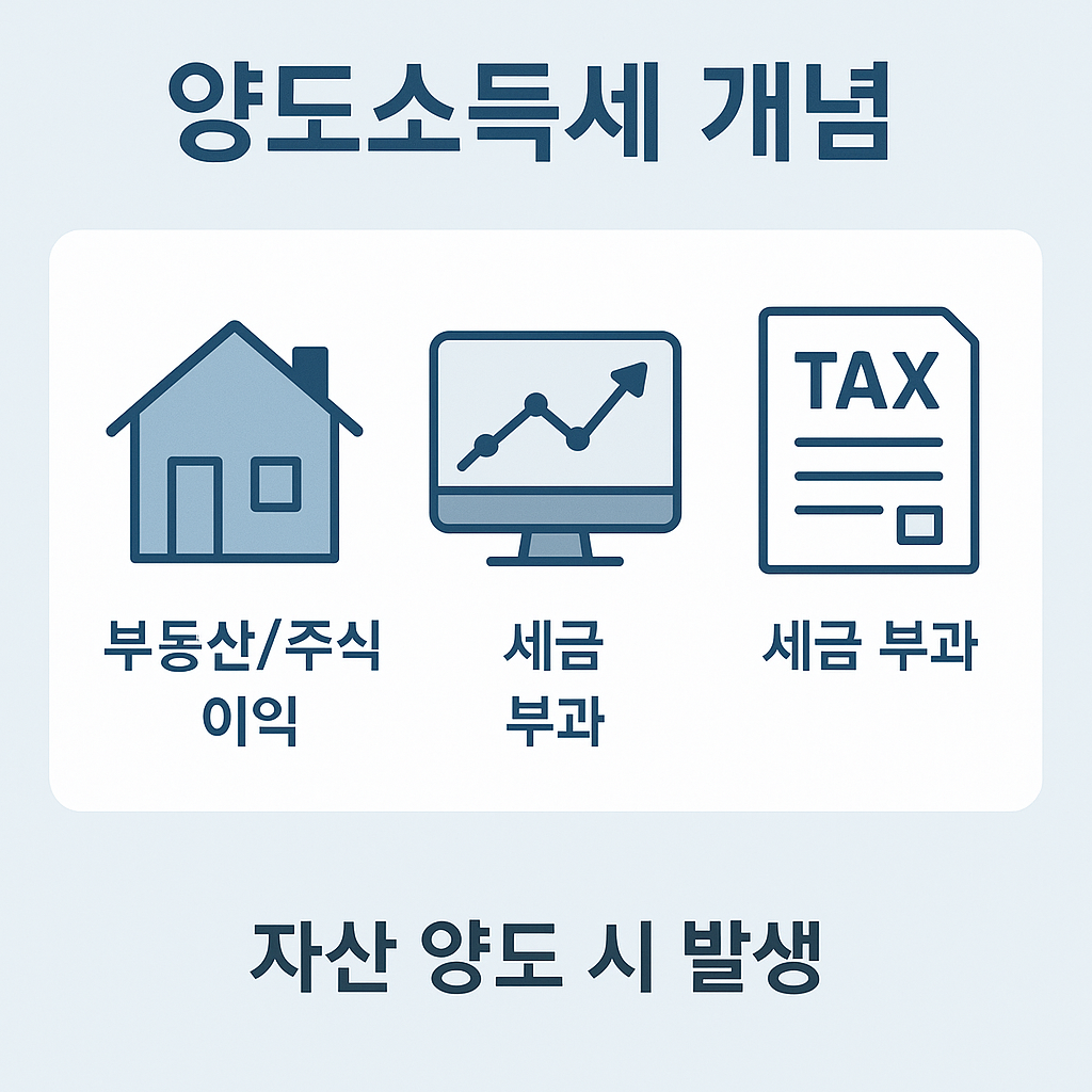 부동산 매매나 주식 거래 시 발생하는 이익에 대한 과세 구조를 설명하는 2025년 양도소득세 개념 인포그래픽으로, 세금 부과와 자산 양도의 핵심 원리를 쉽게 이해할 수 있도록 정리된 시각 자료입니다.