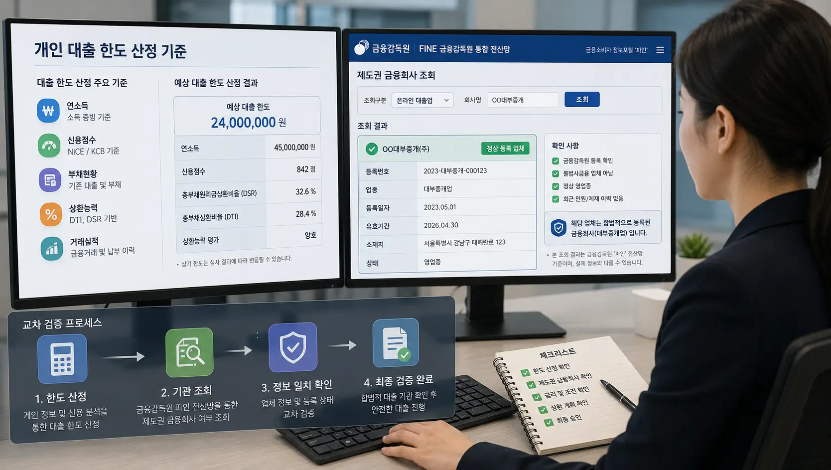 개인 대출 한도 산정 기준 및 합법적 비 대면 개인 돈 대출 기관 여부를 금융감독원 파인 전산망으로 교차 검증하는 모습