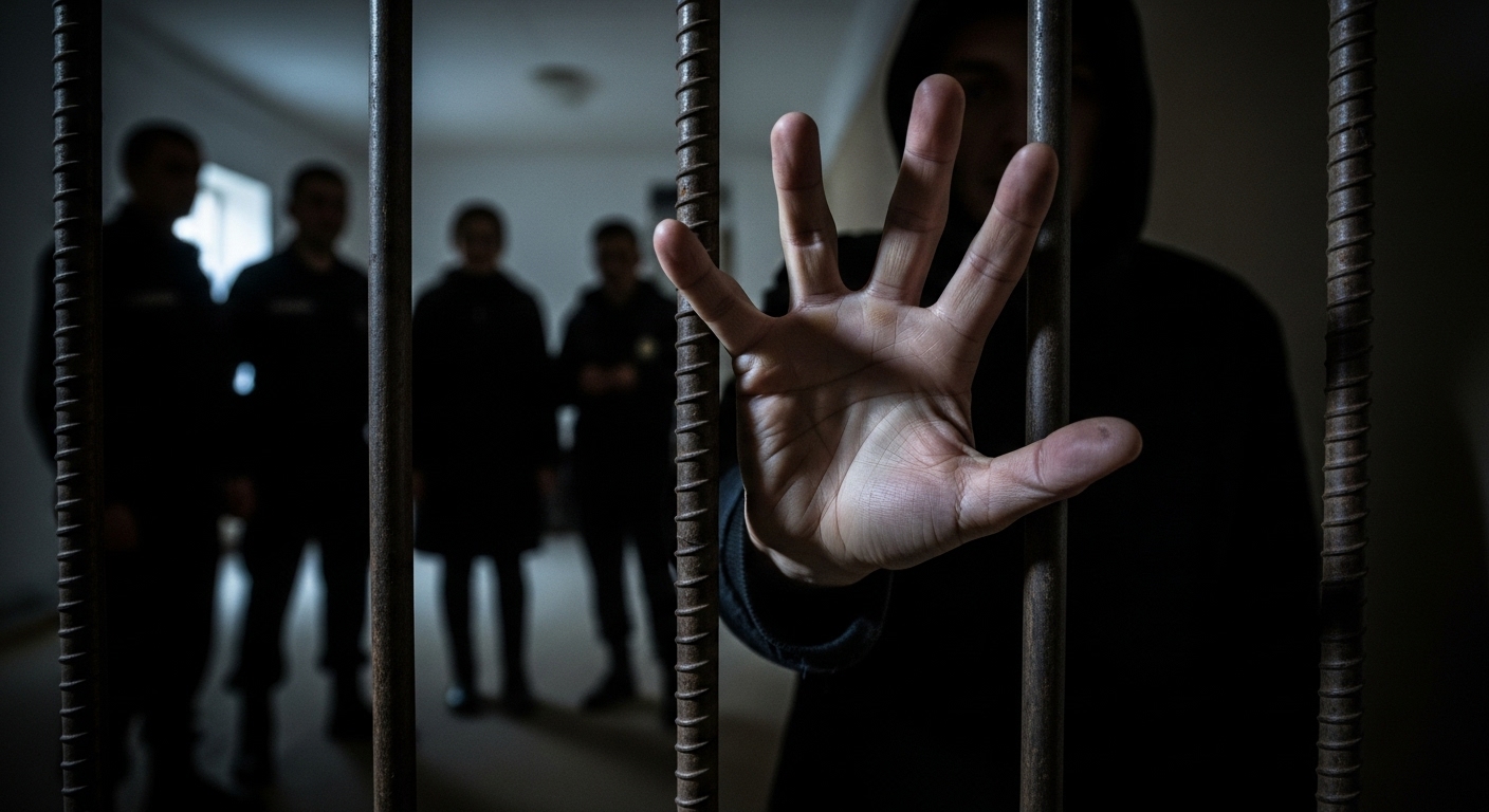 철창 너머로 구조를 요청하는 손과 멀리 보이는 구조 인력의 실루엣, 캄보디아 감금 현실을 상징