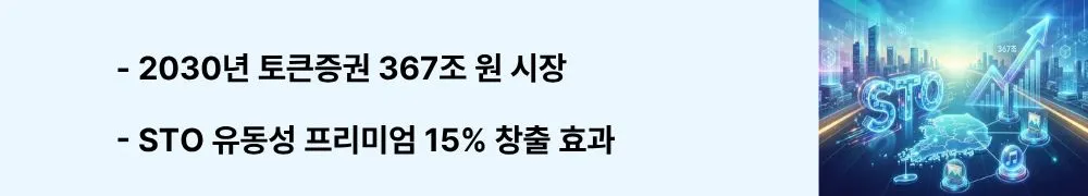 "2030년 토큰증권 367조 원 시장, STO 유동성 프리미엄 15% 창출 효과"라는 문구가 포함된 웹배너 이미지. 이 이미지는 국회입법조사처의 367조 원 시장 전망, 유동성 프리미엄 창출, 자금조달 민주화 등 경제적 파급효과를 시각적으로 전달하며, 블로그의 토큰증권 시장 성장 전망과 해결 과제와 관련된 내용을 설명함 (367 trillion KRW token security market forecast, liquidity premium creation, democratization of fundraising, STO market challenges)