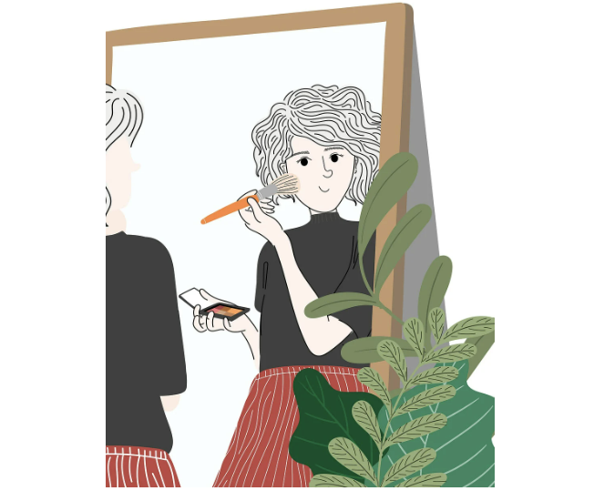 거울 보고 있는 커리커쳐 여자