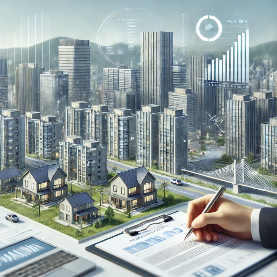 도시 전경과 다양한 건물들이 포함된 부동산 평가를 상징