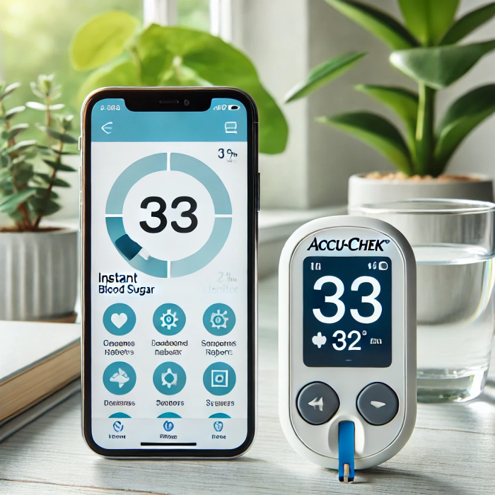 아큐첵 인스턴트 혈당 측정기와 스마트폰이 함께 배치된 깔끔한 가정 환경.