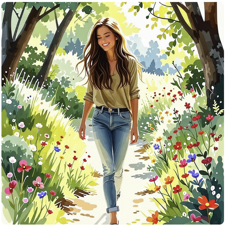 수채화 풍으로 유럽의 여성이 자연 속에서 산책을 하는 모습