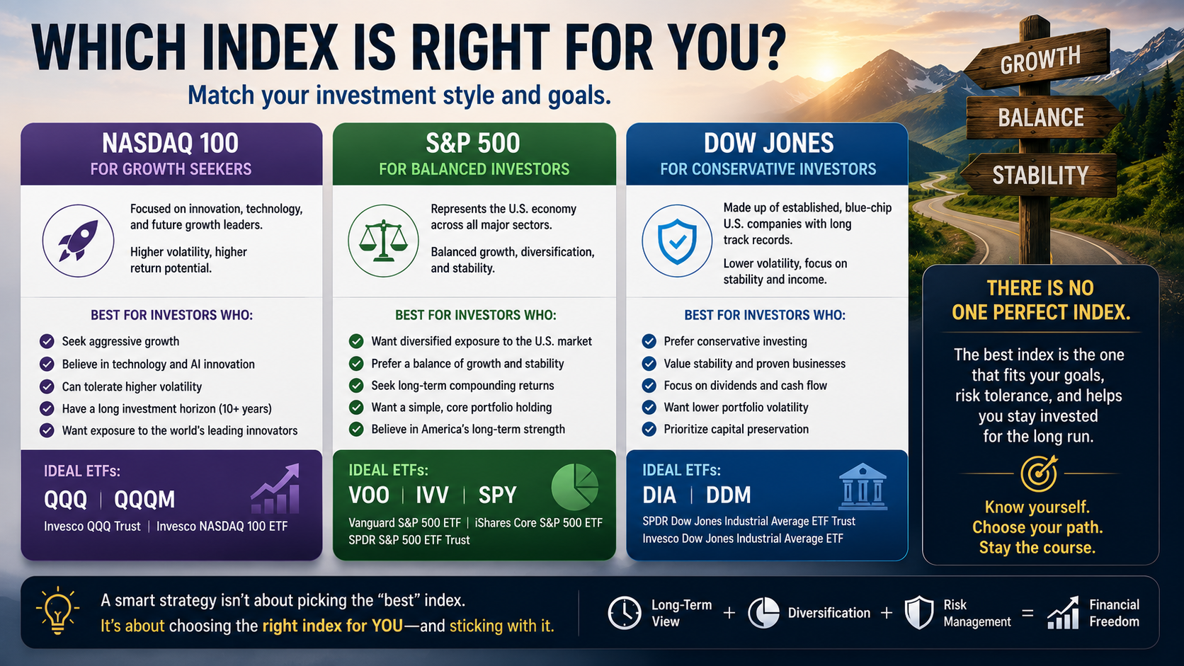 Guide to choosing the right U.S. stock index based on investment goals, risk tolerance, and investing style