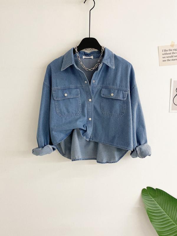 허니제이 젤빈 언발 양포켓 박시핏 세미크롭 데님 셔츠