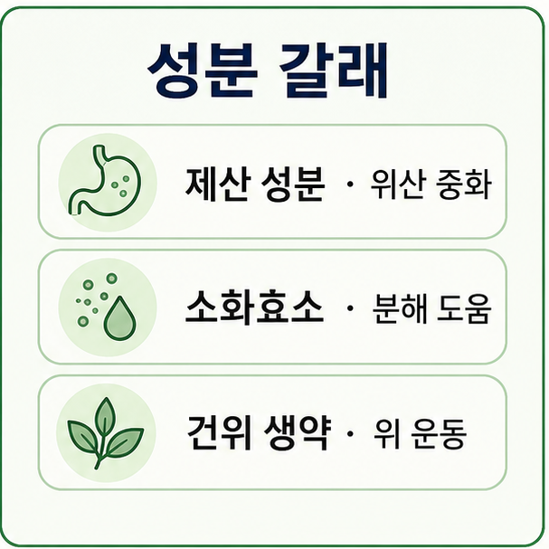 위장약 성분 갈래 정리, 제산 성분과 소화효소, 건위 생약의 역할을 나눈 카드